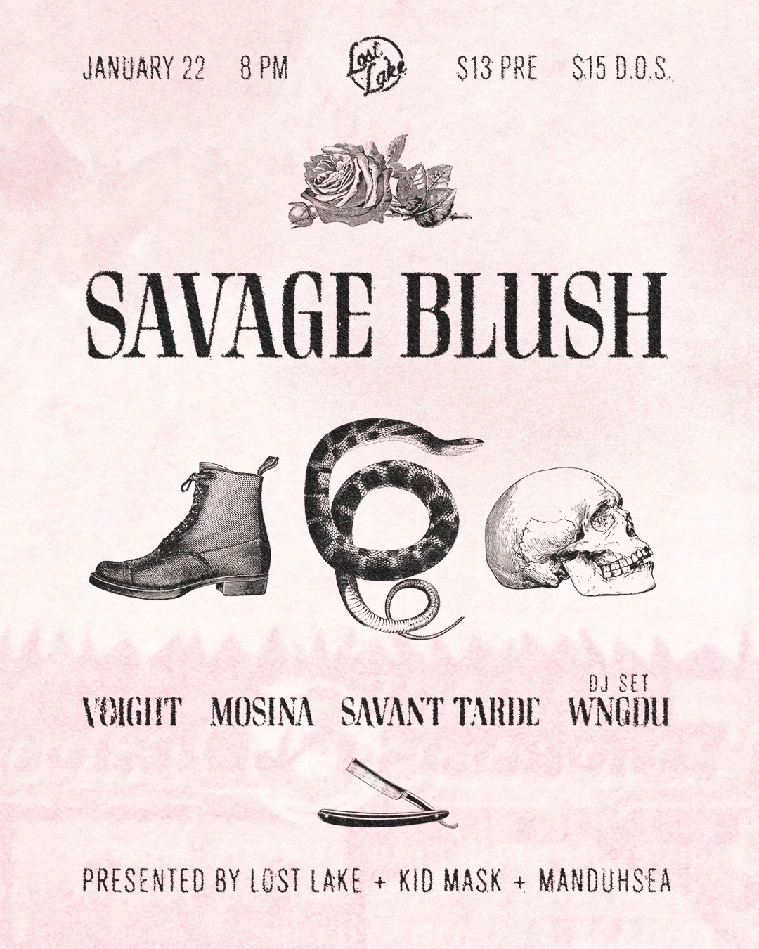Poster for Savage Blush band featuring a light-pink background color with engraving illustrations and distressed uppercase text