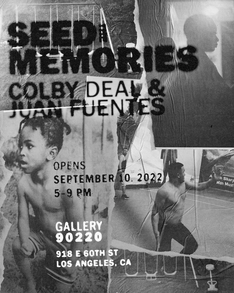 Poster for Seed the Memories' latest art show featuring a grungy collage of black and white photographs with distressed uppercase text