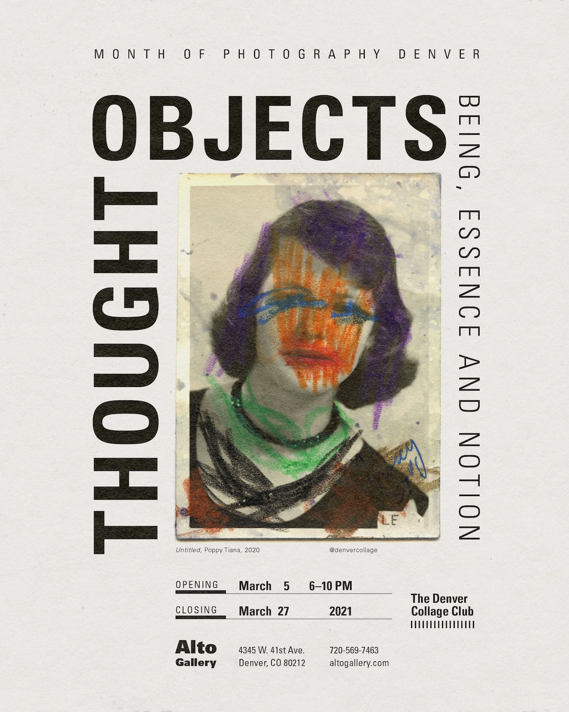 Poster for Thought Objects art show with uppercase text wrapping around a portrait-oriented piece of artwork