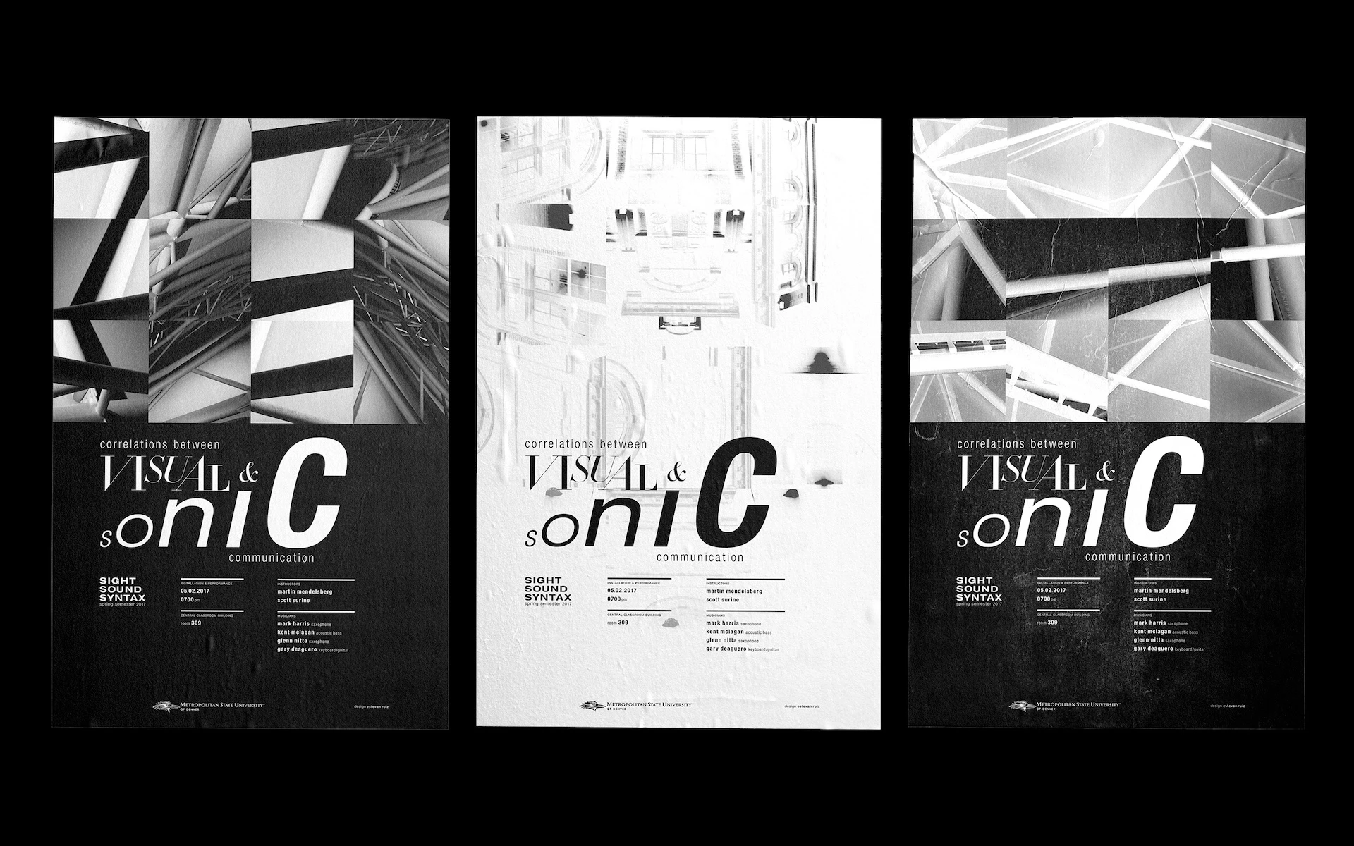 Series of three posters featuring black and white abstract photography grids and expressive dynamic-text